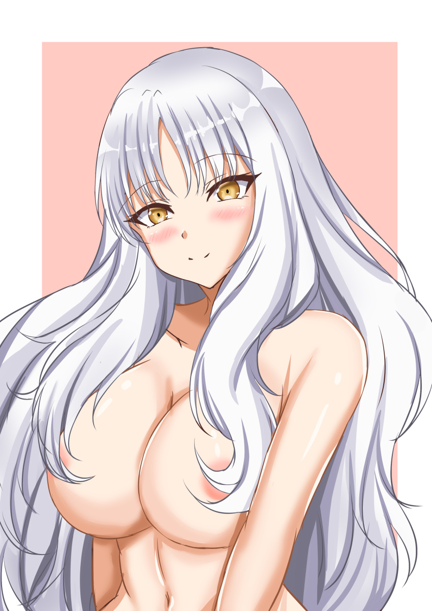 1girl absurdres artist_request blush breasts caren_hortensia fate/hollow_ataraxia fate_(series) highres long_hair navel nude smile solo tagme white_hair yellow_eyes