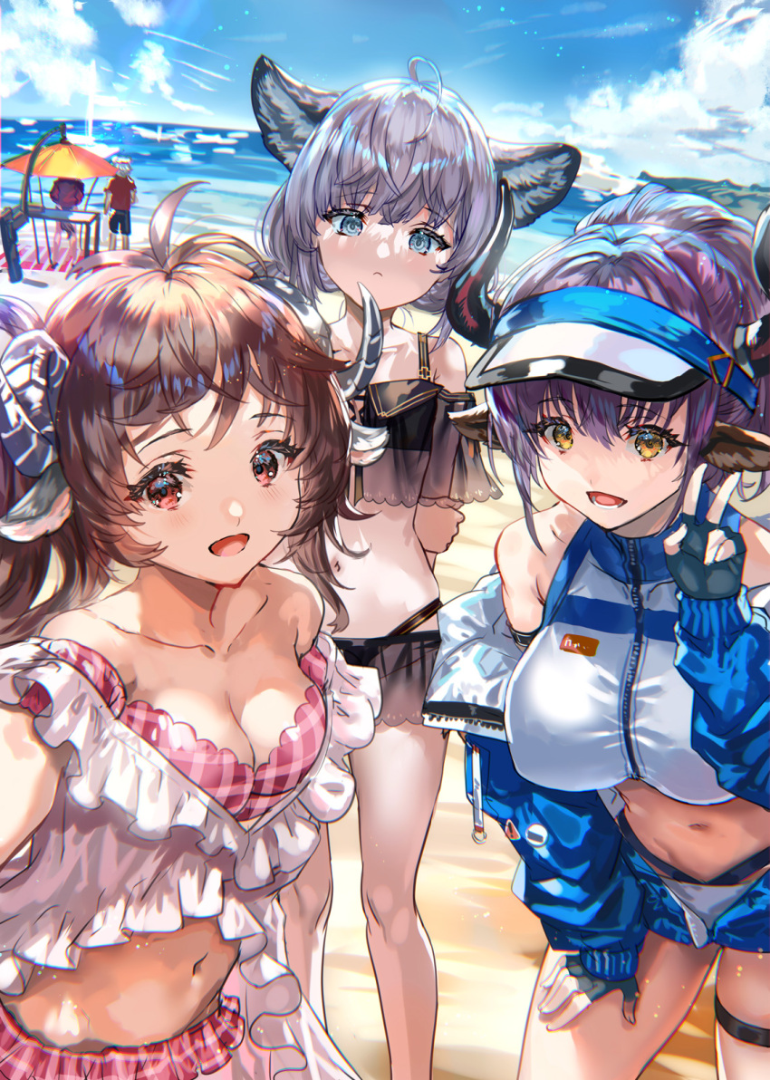 3girls animal_ears arknights bare_shoulders beach bikini black_bikini blue_eyes blue_jacket blue_sky blush breasts brown_eyes brown_hair cleavage collarbone commentary_request cow_ears cow_girl cow_horns grey_hair highres horns jacket large_breasts long_hair long_sleeves looking_at_viewer multiple_girls navel official_alternate_costume open_clothes open_jacket open_mouth pink_bikini purple_hair ran'ou_(tamago_no_kimi) shore sideroca_(arknights) sideroca_(light_breeze)_(arknights) sky smile swimsuit thighs twintails visor_cap white_bikini