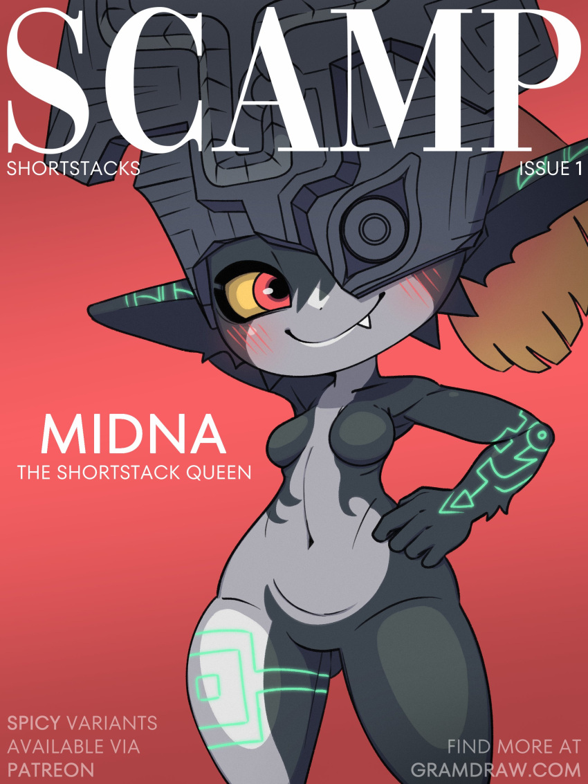 1girl absurdres arm_behind_head arm_tattoo blush body_markings breasts colored_sclera cover fake_magazine_cover fang fused_shadows glowing_tattoo gramdraw hand_on_own_hip highres imp leg_tattoo looking_at_viewer magazine_cover midna monster_girl navel no_genitals no_nipples one_eye_covered orange_hair pointy_ears ponytail red_background red_eyes shortstack smile solo tattoo the_legend_of_zelda the_legend_of_zelda:_twilight_princess twili very_long_ears wide_hips yellow_sclera