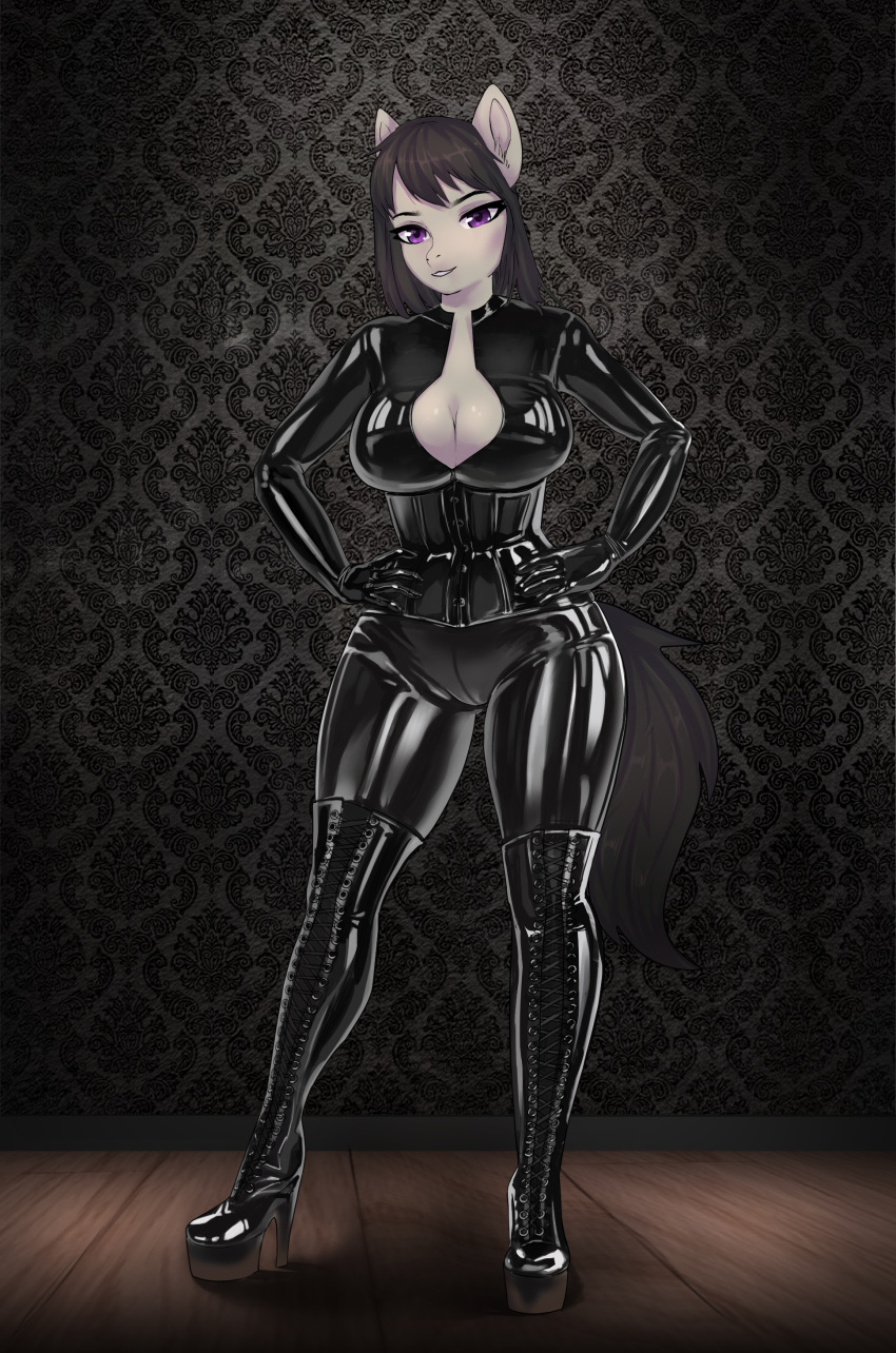 absurd_res black_hair black_latex boots breasts cleavage clothed clothing corset earth_pony equid equine female footwear friendship_is_magic hair hands_on_hips hasbro hi_res high_heeled_boots high_heels horse latex latex_skinsuit legwear lingerie looking_at_viewer mammal my_little_pony octavia_(mlp) pony purple_eyes skinsuit thigh_boots thigh_highs tight_clothing topwear transfaled_(fwexz) wedge_(footwear)