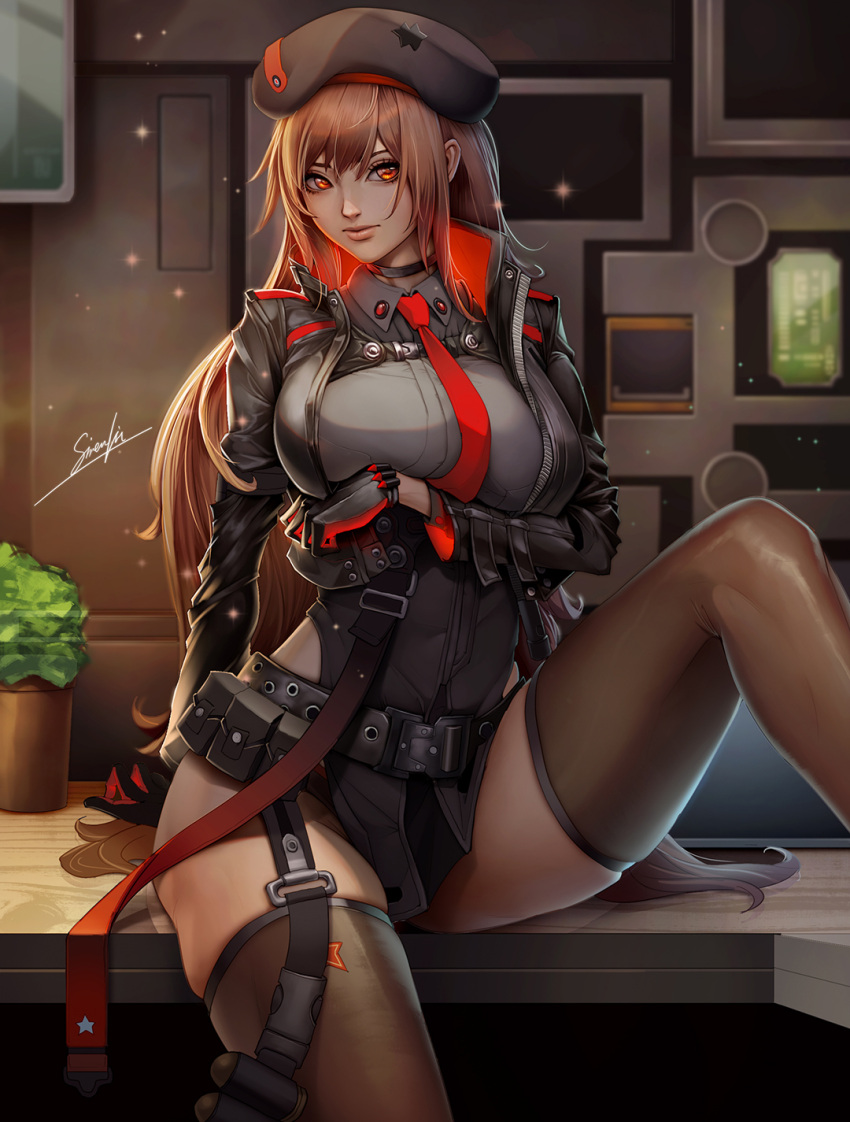belt_buckle belt_pouch beret breast_lift breasts brown_hair brown_thighhighs buckle choker collared_shirt explosive gloves goddess_of_victory:_nikke grenade hat highres jacket large_breasts leg_up lips long_hair looking_at_viewer necktie pouch rapi_(nikke) red_eyes red_necktie shirt sirenlin star_shape thighhighs thighs web_belt