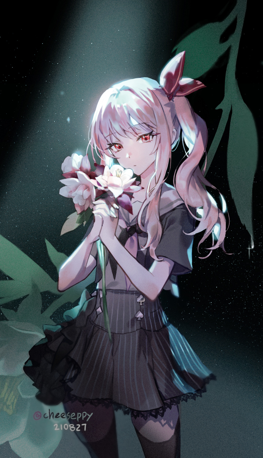 1other akiyama_mizuki artist_name black_neckerchief black_skirt black_thighhighs bouquet bow cheeseppy closed_mouth dated flower hair_bow highres holding holding_bouquet long_hair looking_at_viewer neckerchief pink_eyes pink_hair pink_neckerchief project_sekai red_bow sailor_collar side_ponytail sidelocks skirt solo thighhighs two-tone_neckerchief white_flower white_sailor_collar
