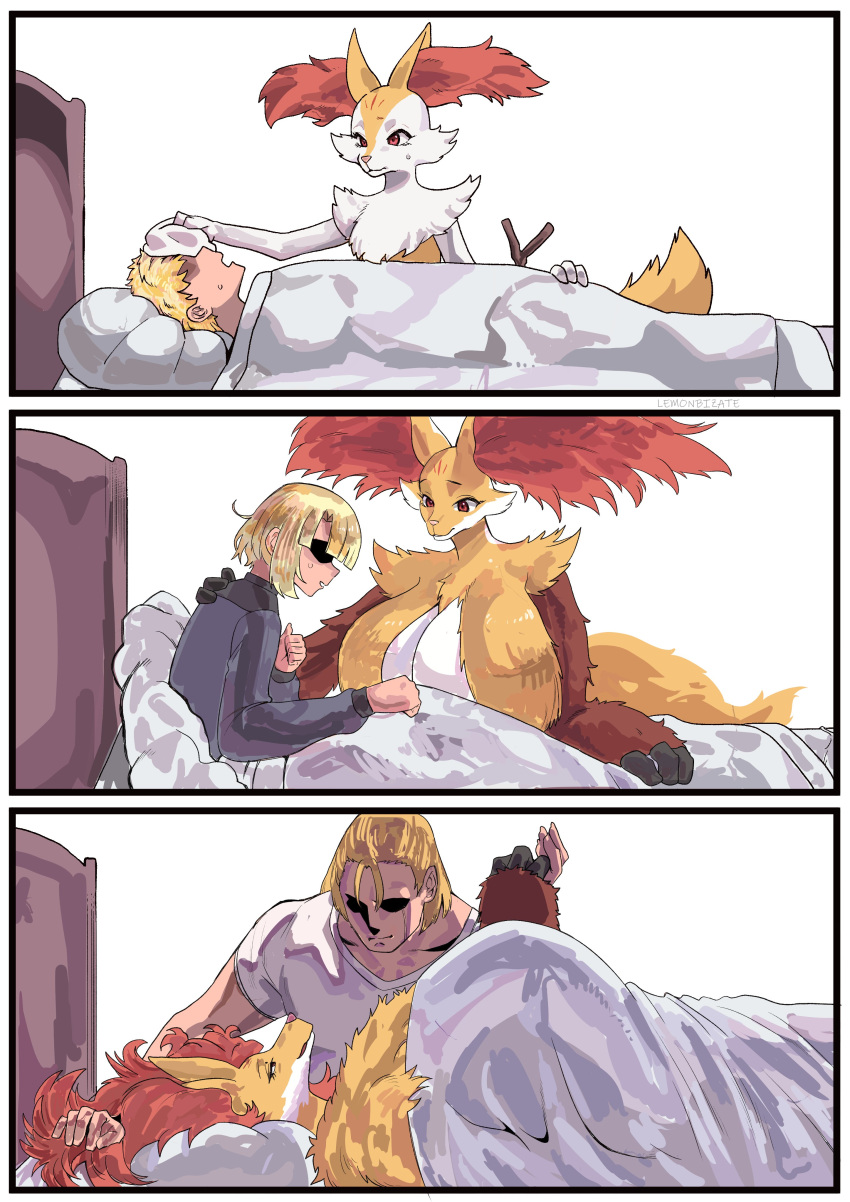 1boy absurdres age_progression animal_ear_fluff animal_ears animal_nose bed blonde_hair body_fur braixen breasts cleavage delphox fox_ears furry furry_female gigantic_breasts hand_on_another's_hand highres medium_hair old pokemon pokemon_(creature) pokemon_xy short_hair sick simonbutt6 simple_background snout tail under_covers white_background white_fur yellow_fur