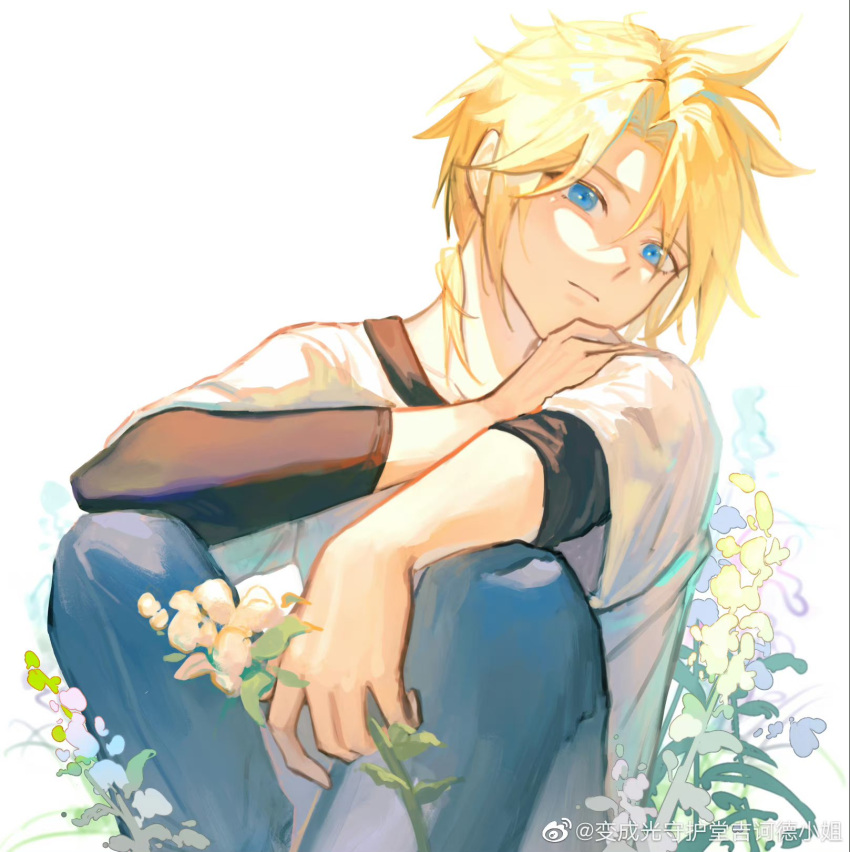 1boy aged_down arm_on_knee black_shirt blonde_hair blue_eyes child cloud_strife day denim expressionless final_fantasy final_fantasy_vii flower hand_on_own_shoulder highres holding holding_flower jeans layered_sleeves liyln02617464 male_focus medium_hair messy_hair outdoors pants ponytail shirt short_ponytail sitting solo white_shirt