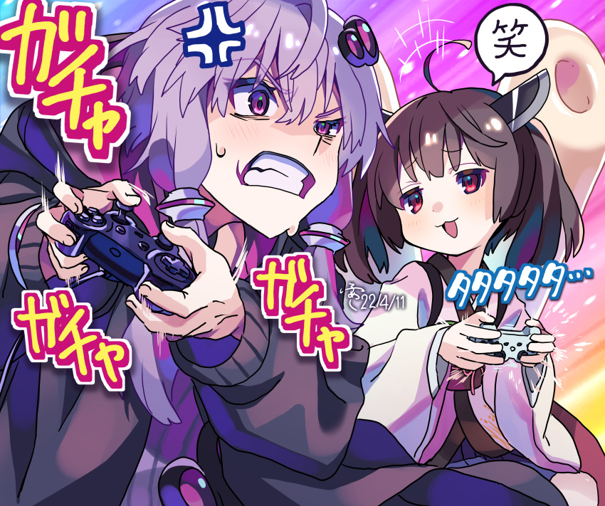 +++ 2girls :3 absurdres ahoge anger_vein armored_core_grip black_hoodie blade blue_skirt blush brown_hair clenched_teeth commentary_request controller dated dualshock faco furrowed_brow game_controller gamepad grimace hair_ornament headgear highres holding holding_controller holding_game_controller hood hood_down hoodie japanese_clothes kimono kiritanpo_(food) laughing long_sleeves looking_at_another looking_to_the_side motion_lines multiple_girls obi open_clothes open_hoodie oversized_food oversized_object playing_games playstation_controller pleated_skirt purple_eyes purple_hair rainbow_background red_eyes reverse_grip sash short_hair_with_long_locks signature skirt smug speech_bubble sweat teasing teeth touhoku_kiritan translation_request twintails uneven_eyes vocaloid voiceroid watermark white_kimono wide_sleeves yuzuki_yukari