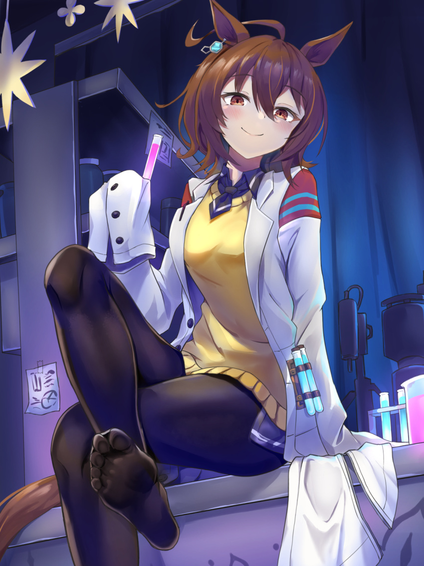 1girl agnes_tachyon_(umamusume) ahoge animal_ears black_pantyhose brown_eyes brown_hair coat dusu_(htkj) feet from_below highres holding holding_test_tube horse_ears horse_girl horse_tail indoors lab_coat looking_at_viewer no_shoes open_clothes open_coat pantyhose sitting sleeves_past_fingers sleeves_past_wrists smile soles solo sweater tail test_tube toes umamusume yellow_sweater