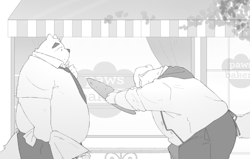 2023 anthro belly big_belly bottomwear bread canid canine canis chef_hat clothing detailed_background domestic_dog duo food ginsingoo1 hat headgear headwear kemono male male/male mammal necktie outside overweight overweight_male pants