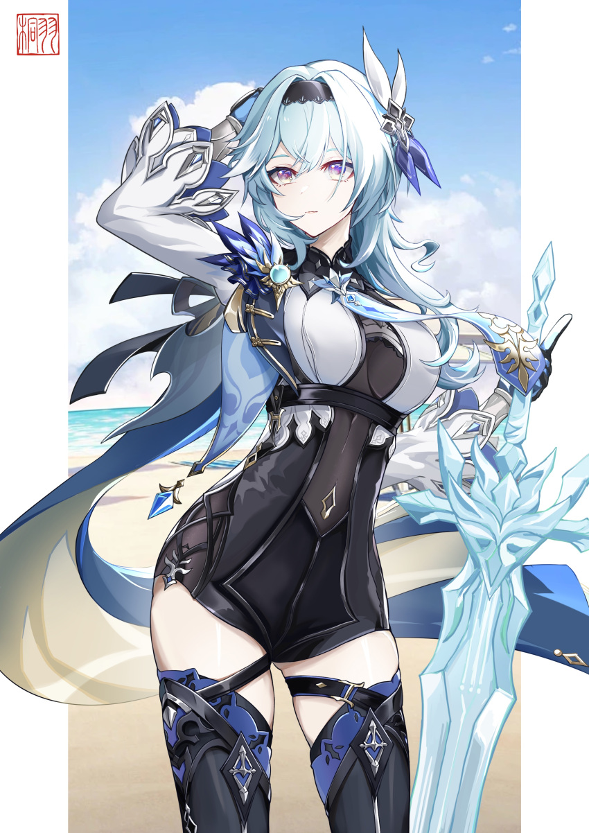 1girl absurdres arm_up beach black_hairband blue_cape blue_gloves blue_hair blue_necktie blue_sky boots border breasts cape chest_harness closed_mouth cloud contrapposto cowboy_shot crystal_sword eula_(genshin_impact) genshin_impact gloves greatsword hair_ornament hairband hand_on_own_head harness high-waist_shorts highres holding holding_sword holding_weapon horizon large_breasts long_sleeves looking_afar looking_to_the_side medium_hair necktie pillarboxed sand shorts sidelocks signature sky solo sword thigh_boots tongyu variant_set vision_(genshin_impact) weapon white_border white_sleeves wide_sleeves
