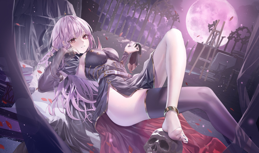 1girl absurdres bare_legs belt black_dress black_thighhighs breasts cape detached_sleeves dress feet full_moon gold_trim hand_up heirou highres hololive large_breasts legs long_hair long_sleeves looking_at_viewer lying moon mori_calliope mori_calliope_(1st_costume) on_back pink_hair red_eyes revision side_slit single_thighhigh skull solo strapless strapless_dress thighhighs thighs virtual_youtuber