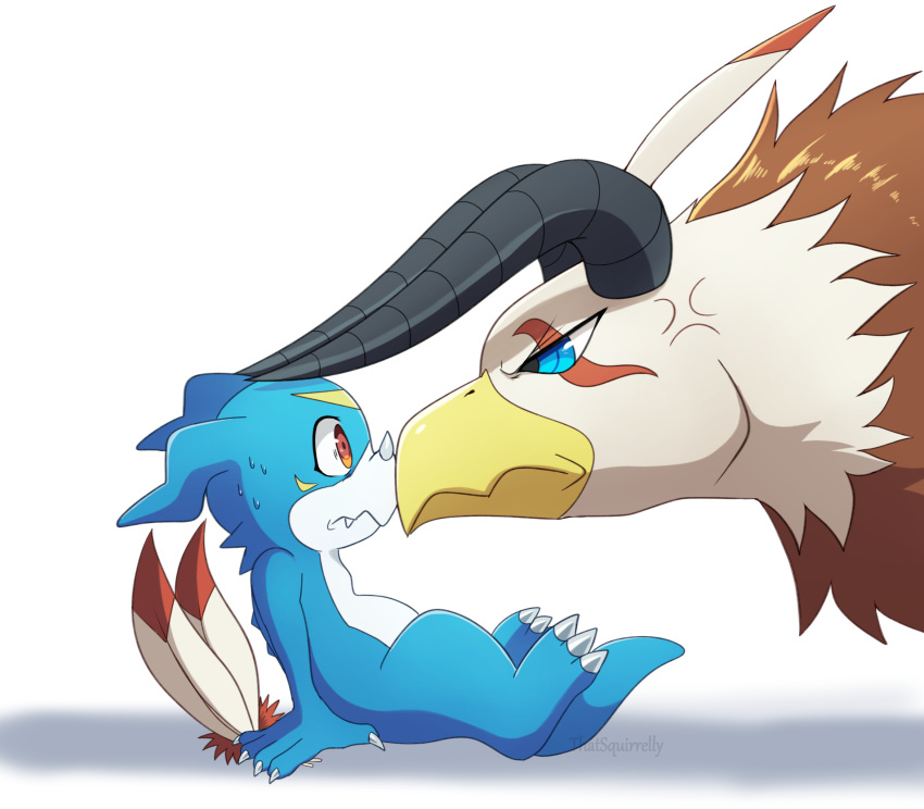 angry anthro aquilamon avian bandai_namco beak bird blue_body cross-popping_vein digimon digimon_(species) duo feral hi_res horn male red_eyes scalie thatsquirrelly veemon