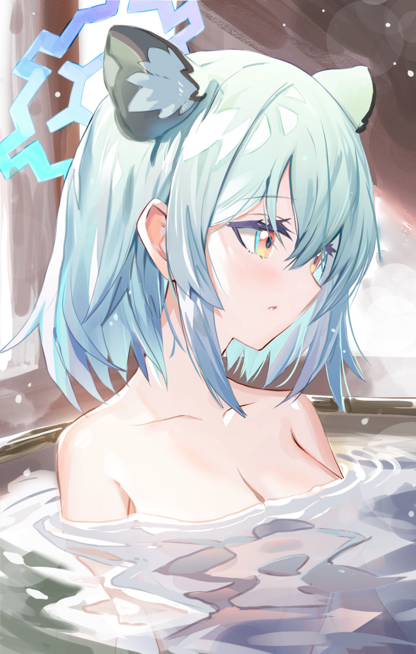 1girl animal_ears bathing blue_archive breasts cleavage collarbone commentary_request hair_between_eyes highres light_green_hair looking_to_the_side medium_breasts nude onsen parted_lips partially_submerged ryoma_(rym_369) shigure_(blue_archive) short_hair snow snowing solo thick_eyelashes upper_body water weasel_ears