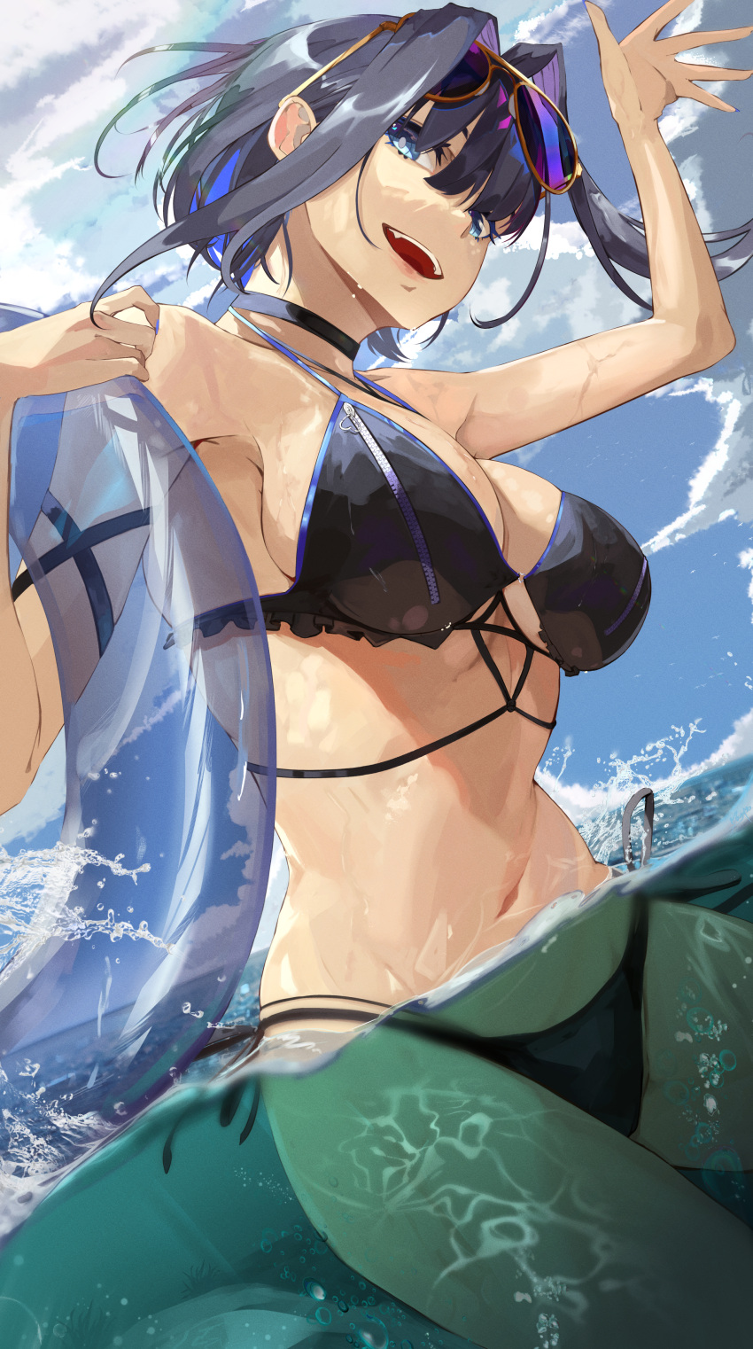 1girl absurdres bikini black_bikini black_choker blue_eyes blue_hair blue_innertube blue_sky breasts choker cloud commentary eyewear_on_head glasses hair_intakes halterneck highres holding holding_innertube hololive hololive_english innertube large_breasts looking_at_viewer moyomo navel open_mouth ouro_kronii outdoors short_hair side-tie_bikini_bottom sky solo swimsuit teeth upper_teeth_only virtual_youtuber wading water waving yellow-framed_eyewear zipper zipper_bikini zipper_pull_tab