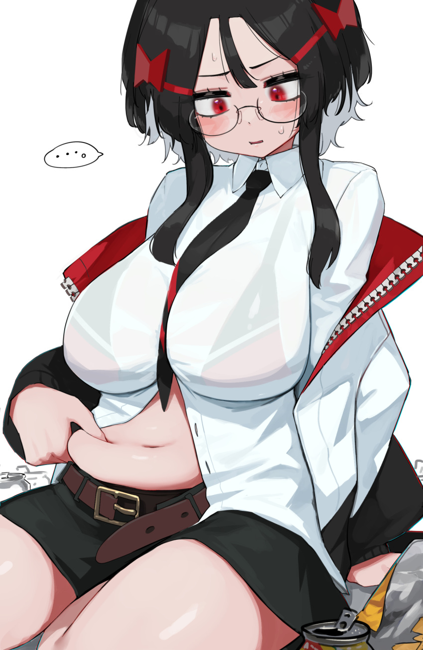 ... 1girl artist_self-insert belly belly_grab belt black_hair blush bra_visible_through_clothes breasts collared_shirt dress_shirt glasses grabbing hair_between_eyes highres huge_breasts jacket kashu_(hizake) long_sleeves navel necktie open_mouth original pinching plump red_eyes see-through see-through_shirt shirt short_hair_with_long_locks sidelocks simple_background skirt solo speech_bubble spoken_ellipsis thighs weight_conscious white_shirt