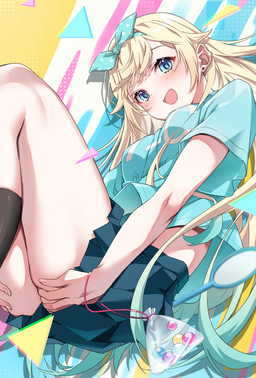 1girl absurdres aizawa_ema blonde_hair blue_eyes blunt_bangs blush breasts earrings gradient_hair green_hair green_ribbon green_shirt green_skirt hair_ribbon highres jewelry large_breasts long_hair looking_at_viewer multicolored_hair pleated_skirt ribbon ruo19 shirt short_sleeves skirt smile solo very_long_hair virtual_youtuber vspo! white_background