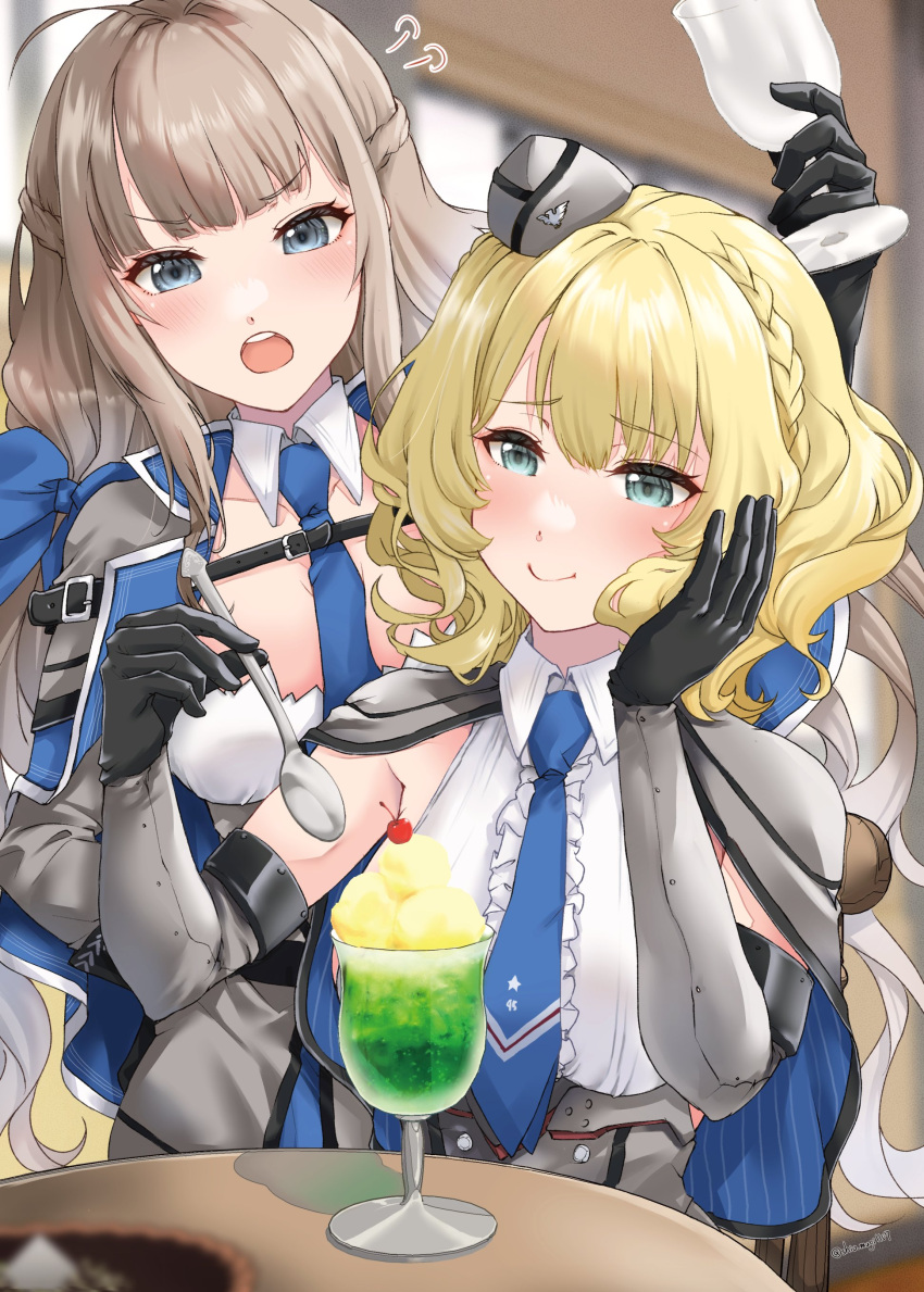 2girls absurdres ahoge black_gloves blonde_hair blue_eyes blue_necktie braid breasts center_frills closed_mouth collared_shirt colorado_(kancolle) cream_soda cup drink eating elbow_gloves french_braid frills garrison_cap gloves grey_headwear hat highres holding holding_cup holding_spoon kantai_collection large_breasts long_hair maryland_(kancolle) multiple_girls necktie open_mouth shio_mugi1107 shirt short_hair sleeveless sleeveless_shirt smile spoon white_shirt
