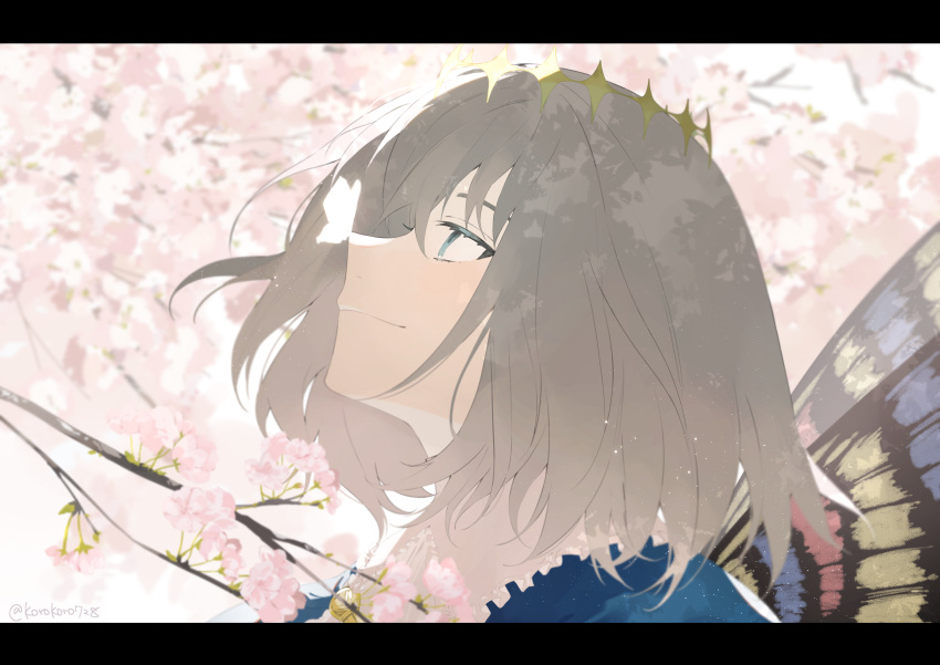 1boy absurdres blue_eyes branch bug butterfly butterfly_on_nose butterfly_wings cherry_blossoms closed_mouth diamond_hairband eyelashes fate/grand_order fate_(series) flower grey_hair highres letterboxed light_particles male_focus oberon_(fate) pink_flower romo827 short_hair solo spring_(season) upper_body white_butterfly wings