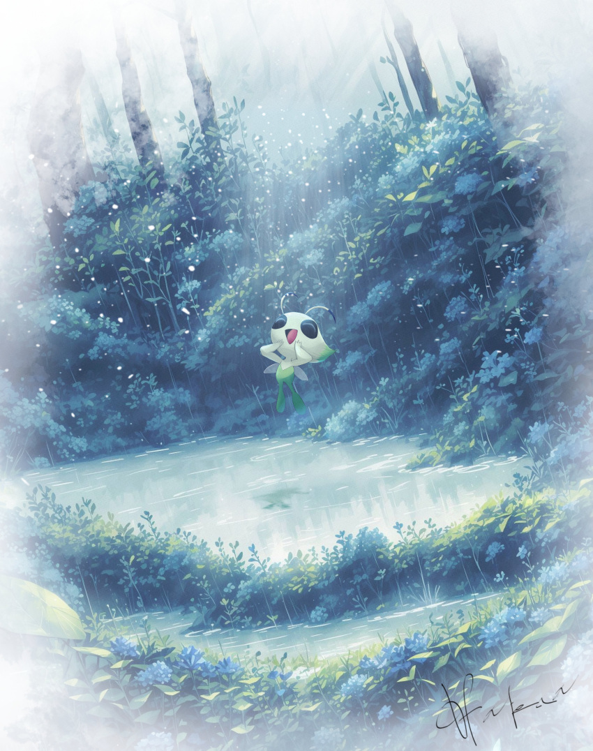 absurdres animal_focus celebi closed_eyes colored_skin commentary_request dappled_sunlight floating forest green_skin hatenachan highres leaf nature no_humans open_mouth pokemon pokemon_(creature) rain reflection signature solo sunlight tree water