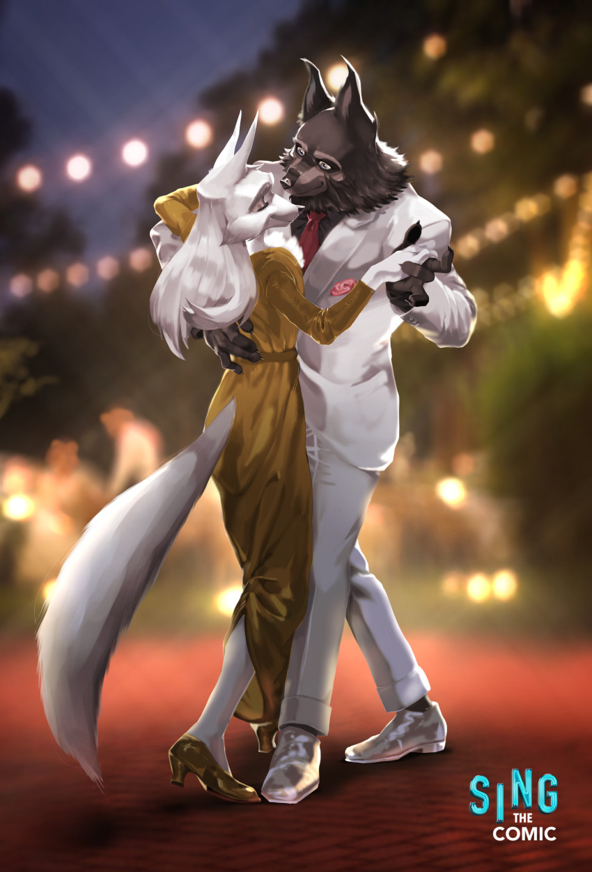 anthro arctic_wolf black_body black_fur blurred_background canid canine canis clothing crystal_ice dancing duo fan_character female formal fur hi_res illumination_entertainment james_crystal klara_crystal lights logo male mammal sing_(movie) suit white_body white_fur wolf