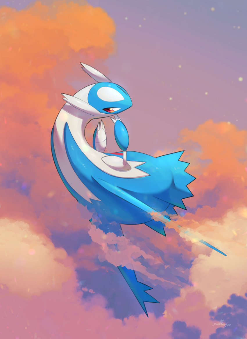 above_clouds absurdres arched_back claws cloud commentary_request full_body hands_up highres latios looking_back no_humans nullma outdoors pokemon pokemon_(creature) solo twilight