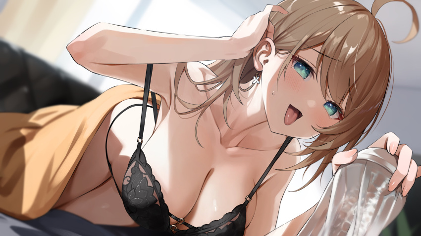 1girl absurdres ahoge aogiri_koukou black_bra black_panties blue_eyes blurry blurry_background bra breasts brown_hair cleavage collarbone earrings hair_behind_ear highres holding jewelry kkix25 kurikoma_komaru large_breasts long_hair lying o-ring_bra panties solo strap_slip sweat tongue tongue_out underwear