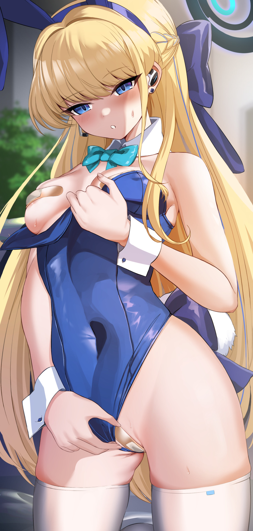 1girl absurdres animal_ears aqua_bow aqua_bowtie bandaid bandaid_on_pussy bandaids_on_nipples bare_shoulders blonde_hair blue_archive blue_bow blue_eyes blue_hair blue_hairband blue_leotard blush bow bowtie braid breasts clothing_aside commentary_request covered_navel detached_collar earpiece fake_animal_ears fake_tail french_braid groin hair_bow hairband halo highleg highleg_leotard highres indoors leotard leotard_aside long_hair maou_(maoudaisukiya) medium_breasts multicolored_hair official_alternate_costume one_breast_out parted_lips pasties playboy_bunny rabbit_ears rabbit_tail skindentation solo standing strapless strapless_leotard streaked_hair sweat tail thighhighs toki_(blue_archive) toki_(bunny)_(blue_archive) very_long_hair white_thighhighs wrist_cuffs