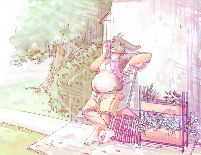 anthro belly big_belly bodily_fluids bulge clothed clothing digital_media_(artwork) lagomorph lavilovi leporid male mammal nipples outside pubes pubic_trail rabbit rake sambun_(tim) slightly_chubby solo summer sweat tools wiping_sweat