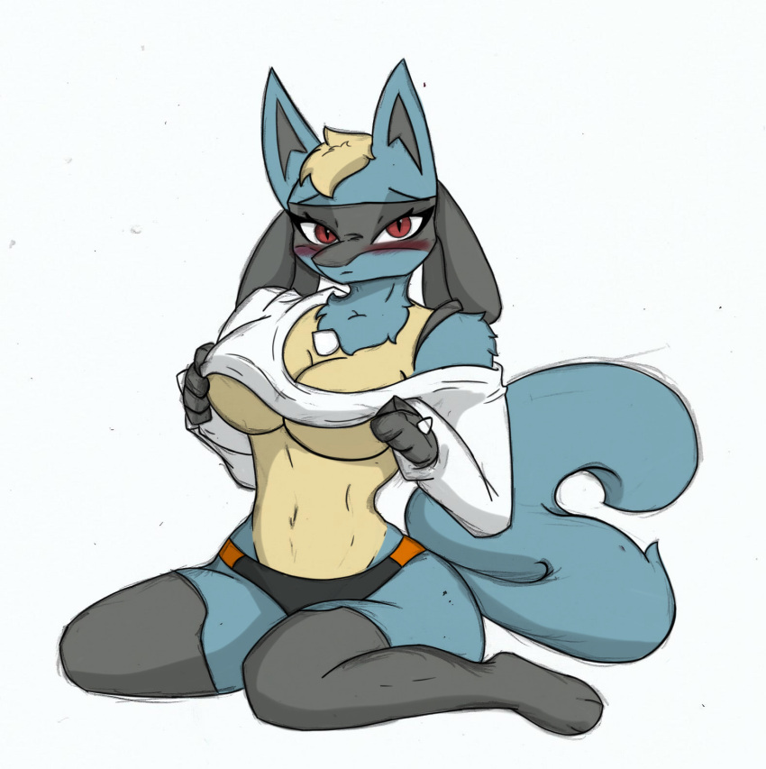 anthro blush fan_character female fluffy generation_4_pokemon hi_res lucario luci nintendo pace-maker pokemon pokemon_(species) small_waist solo thick_thighs wide_hips
