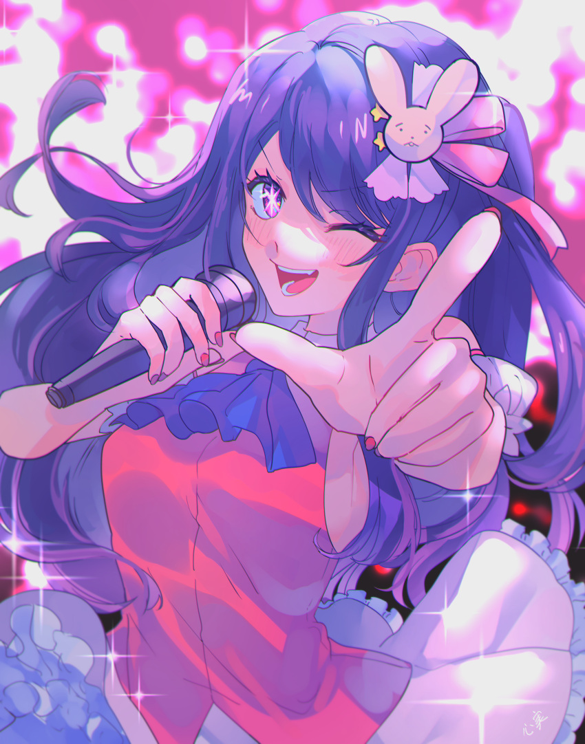 1girl absurdres ascot bare_shoulders blue_ascot blush commentary commission detached_sleeves dress frilled_dress frills hair_ornament highres holding holding_microphone hoshino_ai_(oshi_no_ko) idol idol_clothes kokomi_(aniesuakkaman) long_hair microphone nail_polish one_eye_closed one_side_up open_mouth oshi_no_ko pink_dress pink_nails pink_ribbon pointing pointing_at_viewer purple_eyes purple_hair rabbit_hair_ornament ribbon sleeveless sleeveless_dress smile solo sparkle star-shaped_pupils star_(symbol) star_hair_ornament swept_bangs symbol-shaped_pupils teeth