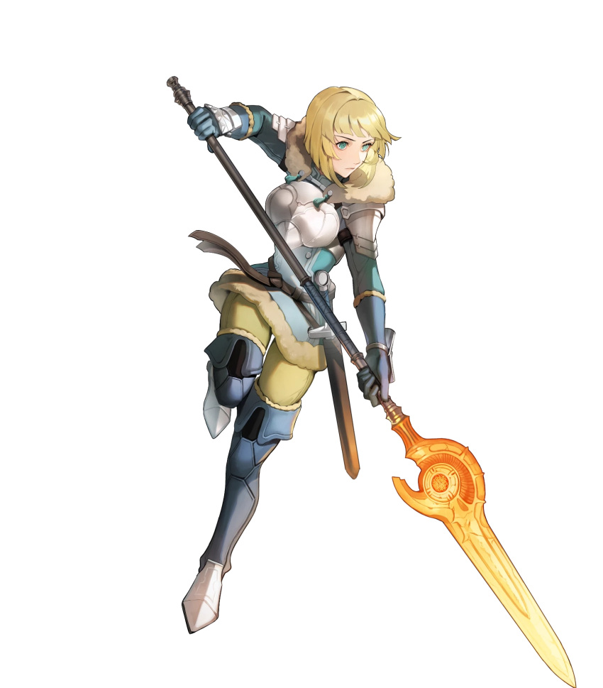 1girl armor belt blonde_hair blue_eyes boots breastplate closed_mouth dress fire_emblem fire_emblem:_three_houses fire_emblem_heroes fur_trim gloves highres holding holding_polearm holding_weapon ingrid_brandl_galatea leg_up long_sleeves looking_away medium_hair non-web_source official_art pants polearm riz3 sheath sheathed short_dress shoulder_armor solo spear sword thigh_boots transparent_background weapon