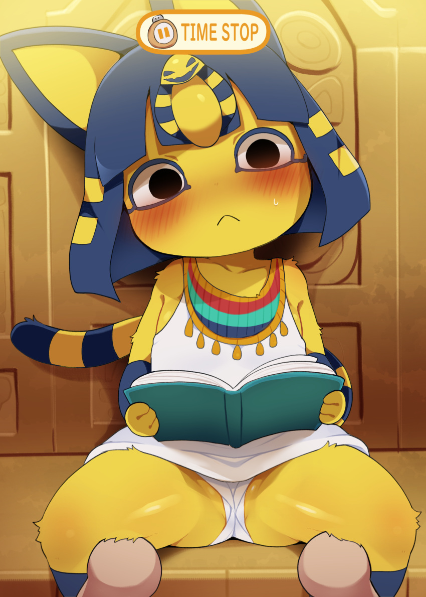 2023 animal_crossing ankha_(animal_crossing) anthro blush book clothed clothing dagasi digital_media_(artwork) domestic_cat duo english_text felid feline felis fur hair hi_res looking_at_viewer mammal nintendo sitting solo_focus spread_legs spreading text