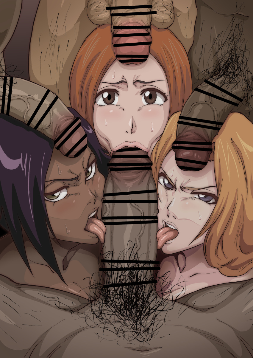 3girls 4boys :&gt;= absurdres bar_censor bleach blonde_hair blue_eyes brown_eyes brown_hair censored collarbone completely_nude cooperative_fellatio cum dark-skinned_female dark-skinned_male dark_skin facial fellatio glaring hetero highres inoue_orihime iwao178 large_penis licking licking_penis long_hair looking_at_viewer male_pubic_hair matsumoto_rangiku multiple_boys multiple_girls multiple_penises nude oral parted_bangs penis pov pov_crotch pubic_hair purple_hair shihouin_yoruichi sweat teeth testicles tongue tongue_out upper_teeth_only veins veiny_penis yellow_eyes