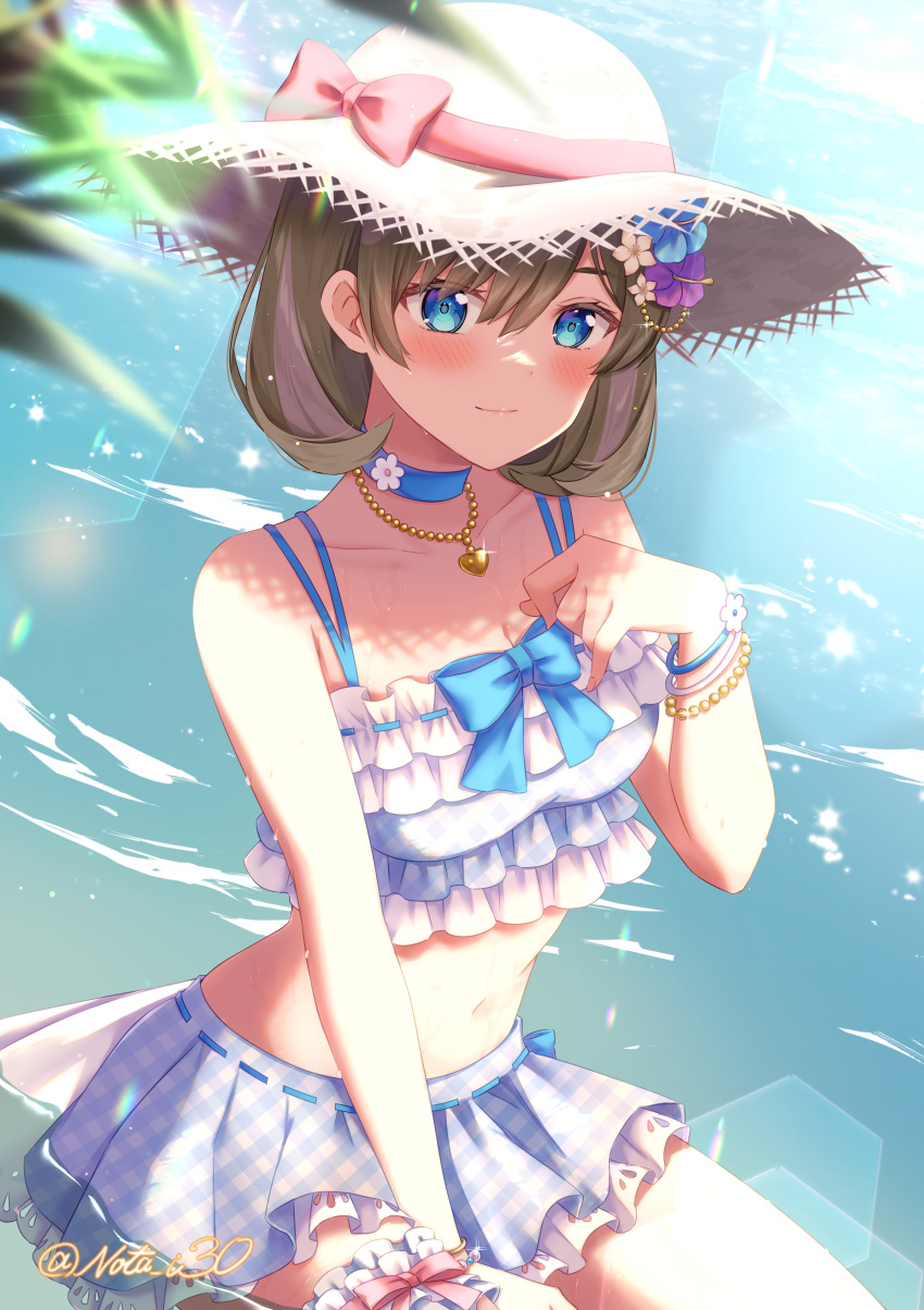 1girl absurdres bikini bikini_skirt blue_bikini blue_bow blue_choker blue_eyes blue_skirt blush bow bracelet brown_hair choker closed_mouth commentary day frilled_bikini frills gingham gingham_bikini gingham_skirt hand_up hat hat_bow heart heart_necklace highres jewelry lens_flare light_smile looking_at_viewer love_live! love_live!_superstar!! necklace nota_ika ocean pink_bow ribbon-trimmed_skirt ribbon_trim shade short_hair sitting skirt solo sun_hat sunlight swimsuit tang_keke twitter_username