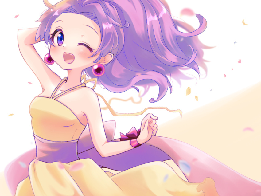 1girl arm_up bare_shoulders blue_eyes blush collarbone dress earrings eyelashes falling_petals jewelry moe_(pop'n_music) one_eye_closed open_mouth petals ponytail pop'n_music purple_hair rozimechicka_01 solo teeth upper_teeth_only white_background wrist_bow yellow_dress