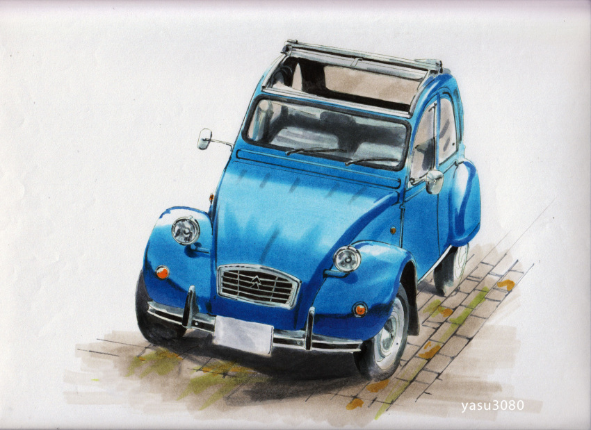 artist_name blue_car brick_road car citroen citroen_2cv faux_traditional_media highres motor_vehicle no_humans original painting_(medium) retractable_roof road simple_background traditional_media twitter_username vehicle_focus watercolor_(medium) white_background yasuyuki3080