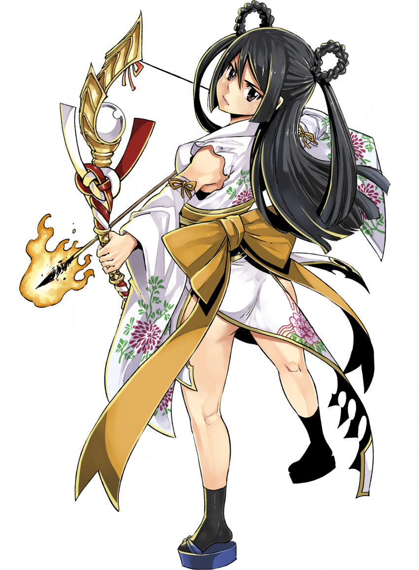 1girl black_hair bow bow_(weapon) brown_eyes detached_sleeves flaming_arrow full_body gate_of_nightmares hairstyle_request highres holding holding_weapon japanese_clothes long_hair looking_at_viewer mashima_hiro official_art robe sandals socks solo transparent_background weapon white_robe white_sleeves white_socks yellow_bow yurina_(gate_of_nightmares)