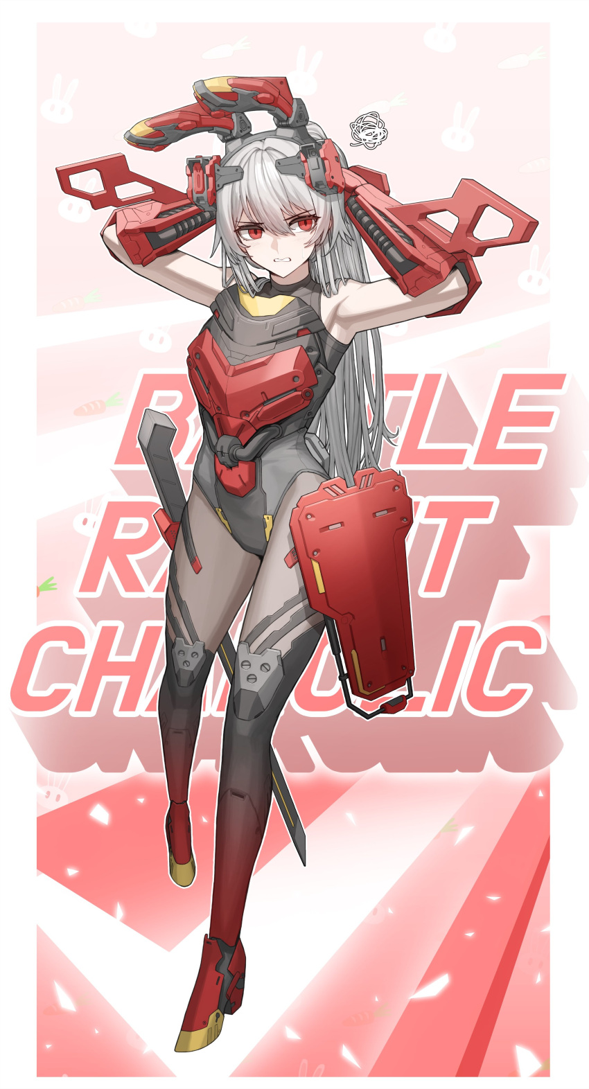 1girl absurdres animal_ears bare_shoulders character_name charolic_(girls'_frontline_2) cheogtanbyeong commentary_request fake_animal_ears gauntlets girls'_frontline girls'_frontline_2:_exilium grey_hair highres korean_commentary leotard long_hair mechanical_ears playboy_bunny rabbit_ears red_eyes shield solo squiggle standing sword tactical_playboy_bunny weapon
