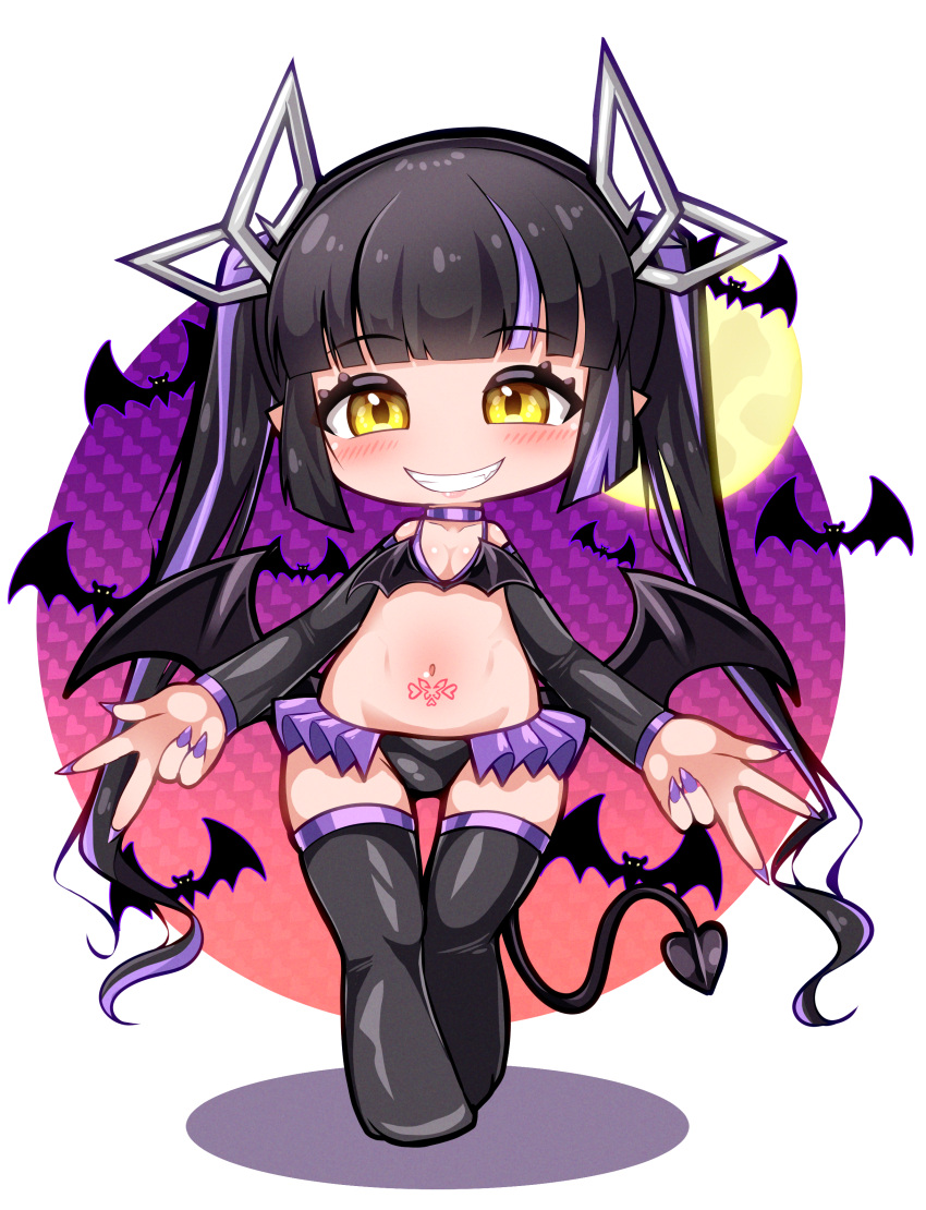 1girl absurdres alternate_costume bat_(animal) bat_wings black_bra black_hair black_panties black_thighhighs black_wings blunt_bangs blush bra breasts cleavage commentary_request demon_girl demon_horns demon_tail double_w full_body full_moon grin highres horns kojo_anna long_hair looking_at_viewer moon multicolored_hair nanashi_inc. panties pointy_ears pubic_tattoo purple_hair purple_nails robou_no_stone shiny_skin smile solo tail tattoo thighhighs twintails two-tone_hair underwear virtual_youtuber w walking white_background wings yellow_eyes