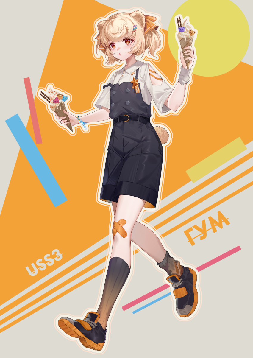 1girl absurdres animal_ears arknights bandaid bandaid_on_knee bandaid_on_leg bear_ears bear_tail black_footwear black_shorts black_socks blonde_hair brown_eyes commentary_request food full_body gummy_(arknights) highres holding holding_food hongbaise_raw ice_cream ice_cream_cone kneehighs parted_lips shirt shoes short_hair short_sleeves shorts sneakers socks solo tail white_shirt