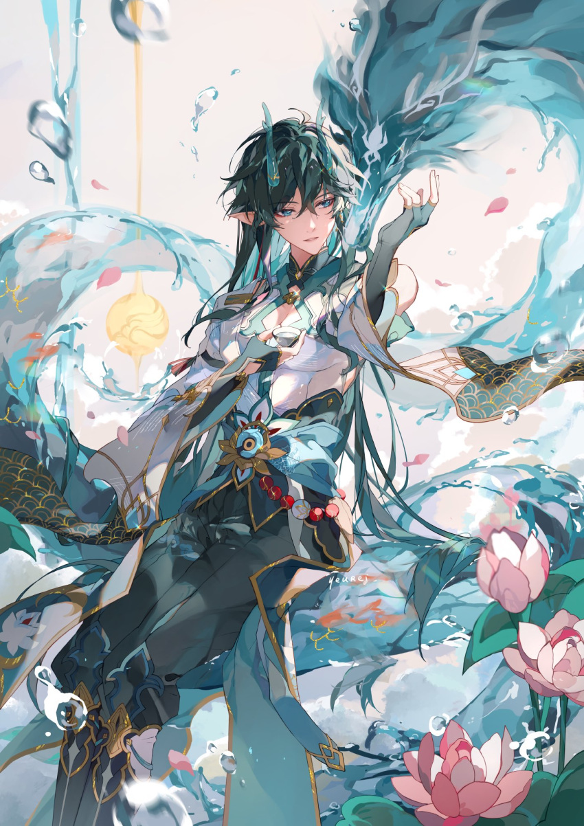 1boy air_bubble artist_name black_footwear black_gloves black_hair black_pants blue_eyes boots bubble cup dan_heng_(honkai:_star_rail) dan_heng_(imbibitor_lunae)_(honkai:_star_rail) dragon dragon_boy dragon_horns eastern_dragon elbow_gloves falling_petals feet_out_of_frame fingerless_gloves flower gloves green_horns hair_between_eyes highres holding holding_cup honkai:_star_rail honkai_(series) horns long_hair long_sleeves lotus male_focus pants parted_lips petals pink_flower pointy_ears revision smile solo water wide_sleeves yeurei