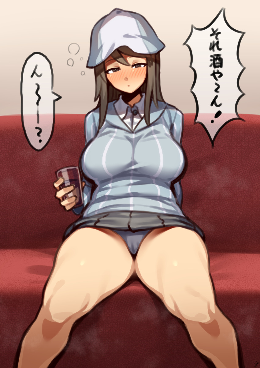 1girl absurdres blue_headwear blue_panties blue_shirt blush brown_eyes brown_hair can closed_mouth commentary couch dress_shirt drunk girls_und_panzer grey_skirt half-closed_eyes hat highres holding holding_can indonesian_high_school_uniform keizoku_school_uniform koohiitei_shinbo light_frown long_hair long_sleeves looking_at_viewer mika_(girls_und_panzer) miniskirt on_couch panties pantyshot pleated_skirt school_uniform shirt sitting skirt solo striped striped_shirt translated tulip_hat underwear vertical-striped_shirt vertical_stripes white_shirt wing_collar