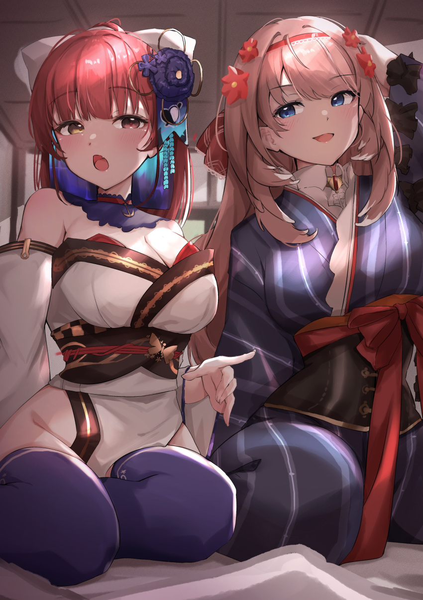 2girls absurdres bare_shoulders blue_eyes blue_kimono blue_thighhighs blush bow breasts commentary detached_collar detached_sleeves flower hair_bow hair_flower hair_ornament hairband heterochromia highres hololive houshou_marine houshou_marine_(2nd_costume) japanese_clothes kanzashi kimono large_breasts long_hair looking_at_another looking_at_viewer multiple_girls official_alternate_costume open_mouth pelvic_curtain pink_hair red_eyes red_hair red_hairband sash sideways_glance sitting solo soyoghi squatting_cowgirl_position strapless_kimono striped striped_kimono symbol-only_commentary takane_lui takane_lui_(2nd_costume) thighhighs underbust vertical-striped_kimono vertical_stripes virtual_youtuber white_bow white_kimono wide_ponytail yellow_eyes yokozuwari