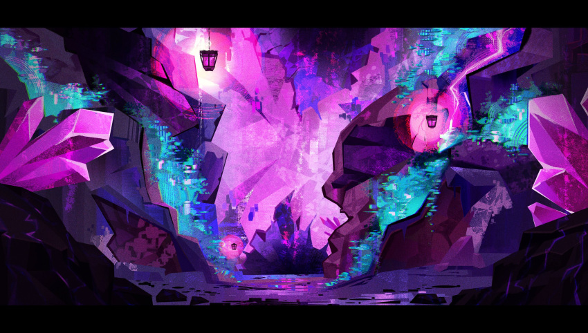 black_border blue_light border cave cave_interior crystal crystal_shard distortion glitch hanging_lantern highres indoors landscape lantern limited_palette neon_palette no_humans o_pomb pink_gemstone pink_light portuguese_commentary quackity_smp rock wet_floor