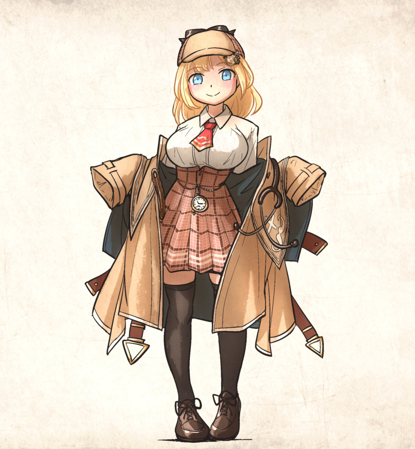 1girl ascot black_thighhighs blonde_hair blue_eyes blush breasts brown_footwear brown_skirt commentary deerstalker dress_shirt english_commentary facing_viewer full_body hair_ornament hat high-waist_skirt highres hololive hololive_english holomyth ironlily large_breasts loafers long_coat looking_at_viewer medium_hair monocle_hair_ornament narrow_waist off_shoulder over-kneehighs pigeon-toed plaid plaid_skirt pleated_skirt pocket_watch red_ascot shirt shoes simple_background skirt sleeves_past_wrists smile solo standing stethoscope thighhighs watch watson_amelia zettai_ryouiki