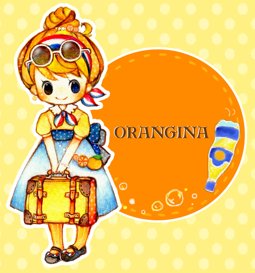 1girl black_footwear blue_eyes blue_skirt briefcase collared_shirt copyright_name dangle_earrings earrings eyewear_on_head food-themed_hair_ornament fruit_hair_ornament hair_bun hair_ornament hairband highres holding holding_briefcase jewelry koming_(53nty) long_skirt orange_hair orange_hair_ornament orange_socks orangina personification shirt short_sleeves skirt smile socks soda solo striped striped_socks sunglasses traditional_media vertical-striped_socks vertical_stripes white-framed_eyewear yellow_shirt