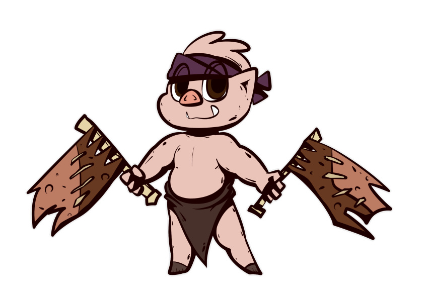 anthro bandanna bottomwear chubby_anthro chubby_male clothing cute_eyes cute_fangs fangs flag_(object) flags flawlessnekos hi_res hooves kerchief loincloth male mammal mostly_nude purple_bandanna purple_kerchief short_stack solo solo_focus suid suina swinefolk_(darkest_dungeon) teeth