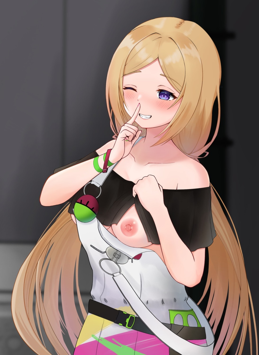 1girl ;) aki_rosenthal aki_rosenthal_(6th_costume) bare_shoulders belt black_shirt blonde_hair blush breasts clothes_pull crop_top finger_to_mouth flashing grin highres hololive long_hair loose_belt low_twintails medium_breasts nipples no_bra off-shoulder_shirt off_shoulder official_alternate_costume one_breast_out one_eye_closed overalls parted_bangs purple_eyes shirt shushing smile solo suspenders_pull twintails tyagamann very_long_hair virtual_youtuber white_overalls wristband