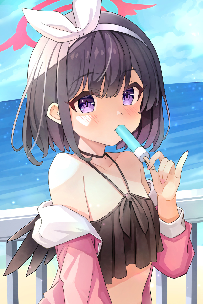 1girl absurdres bikini black_bikini black_hair black_wings blue_archive blush collarbone day food frilled_bikini frills hairband halo halterneck highres holding holding_food jacket looking_at_viewer mashiro_(blue_archive) mashiro_(swimsuit)_(blue_archive) nomio official_alternate_costume outdoors pink_jacket popsicle purple_eyes red_halo short_hair solo swimsuit upper_body white_hairband wings