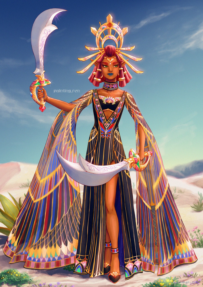 1girl alternate_costume blue_lips blue_sky blunt_bangs circlet closed_mouth clothing_cutout dessert dual_wielding eyeshadow fashion feather_print flat_chest food gerudo green_eyes headpiece highres holding holding_sword holding_weapon looking_to_the_side lotus_print makeup painting_ren pointy_ears red_hair riju scimitar short_hair side_cutout sideways_glance skinny skirt_cutout sky solo sword the_legend_of_zelda the_legend_of_zelda:_tears_of_the_kingdom tribal_print v-neck weapon