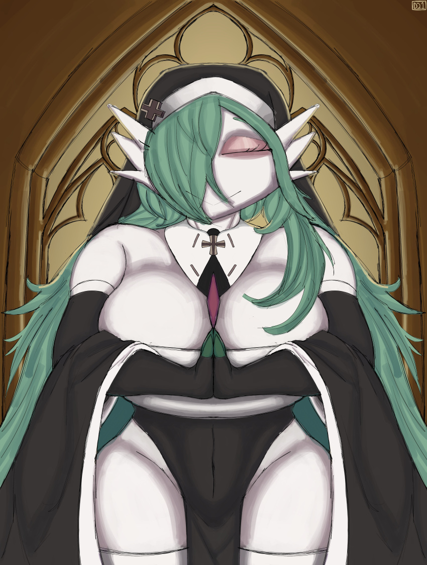 absurd_res black_clothing black_gloves black_handwear christianity clothing cross destruction21 eyes_closed female fingerless_gloves gardevoir generation_3_pokemon gloves green_hair hair handwear hi_res humanoid legwear nintendo nun nun_outfit pokemon pokemon_(species) religion smile solo thigh_highs white_body