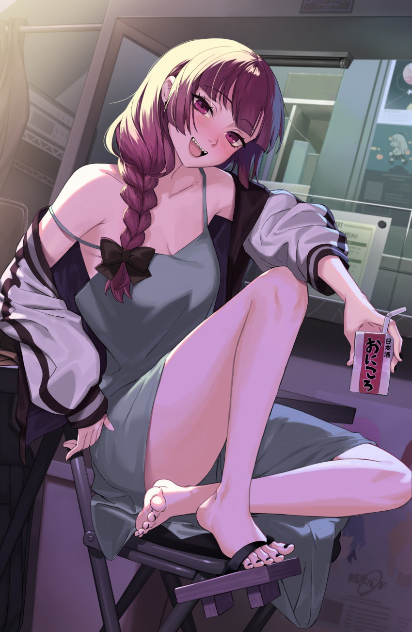 1girl :d alcohol alcohol_carton barefoot black_bow black_jacket black_nails blush bocchi_the_rock! bow braid breasts cleavage dress earrings feet fingernails geta green_dress hair_bow hair_over_shoulder head_tilt highres hiroi_kikuri holding_carton indoors jacket jewelry knee_up legs looking_at_viewer low-braided_long_hair medium_breasts multicolored_clothes multicolored_jacket nail_polish off_shoulder on_chair open_clothes open_jacket purple_eyes purple_hair radiostarkiller sharp_teeth shoe_dangle shoes single_braid single_earring single_shoe sitting smile solo strap_slip stud_earrings teeth toenail_polish toenails toes two-tone_jacket upper_teeth_only white_jacket